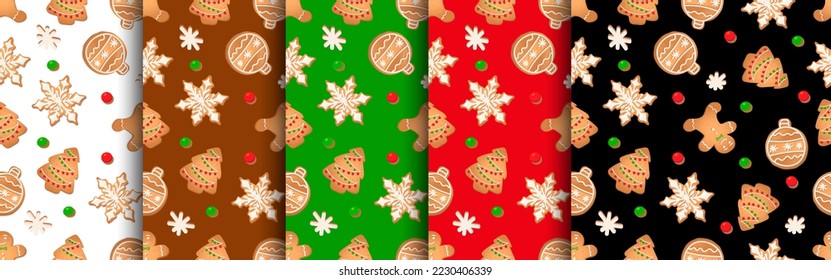 Seamless pattern with ginger cookies. Gingerbread man, snowflake, Christmas tree,Christmas ball