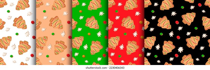 Seamless pattern with ginger cookies. Gingerbread Christmas tree, snowflake