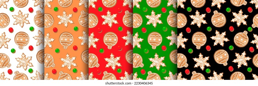 Seamless pattern with ginger cookies. Gingerbread christmas ball, snowflake