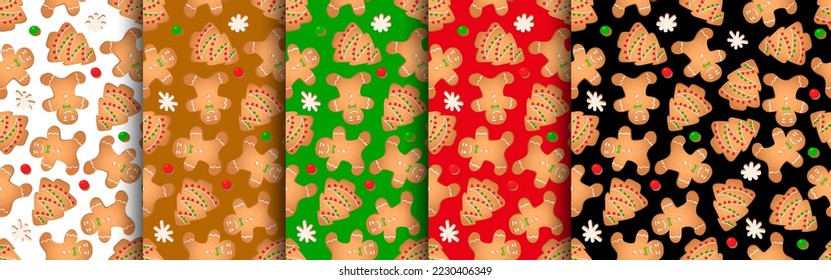 Seamless pattern with ginger cookies. Gingerbread man, Christmas tree, snowflake