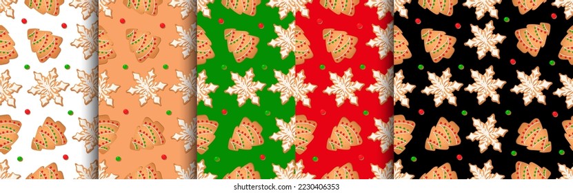 Seamless pattern with ginger cookies. Gingerbread tree, snowflake