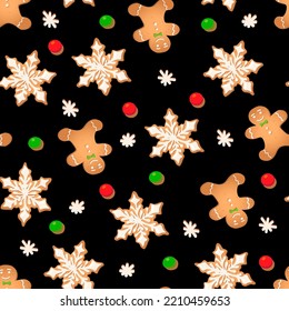 Seamless pattern with ginger cookies on a black background. Gingerbread man, snowflake