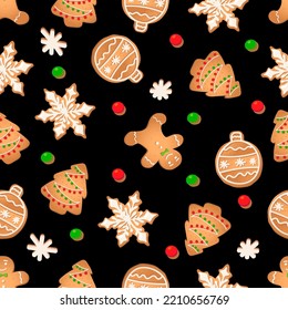 Seamless pattern with ginger cookies on a black background. Gingerbread man, snowflake, Christmas tree,Christmas ball