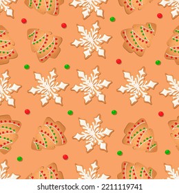 Seamless pattern with ginger cookies on a brown background. Gingerbread tree, snowflake