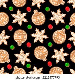 Seamless pattern with ginger cookies on a black background. Gingerbread New Year's ball, snowflake