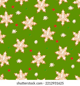 Seamless pattern with ginger cookies on a green background. Gingerbread snowflake,