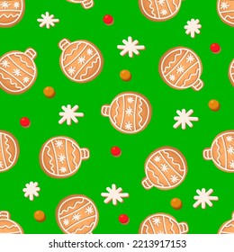 Seamless pattern with ginger cookies on a green background. Gingerbread snowflake, New Year's ball
