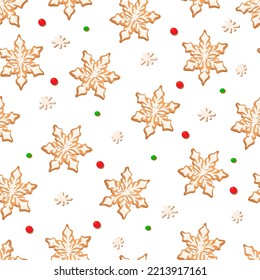 Seamless pattern with ginger cookies on a white background. Gingerbread snowflake,
