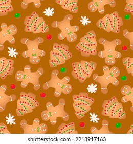Seamless pattern with ginger cookies on a brown background. Gingerbread man, Christmas tree, snowflake