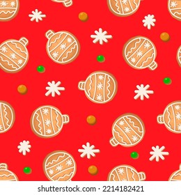 Seamless pattern with ginger cookies on a red background. Gingerbread snowflake, New Year's ball