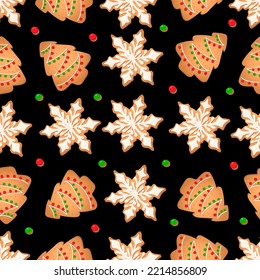 Seamless pattern with ginger cookies on a black background. Gingerbread tree, snowflake