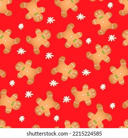 Seamless pattern with ginger cookies on a red background. Gingerbread man,