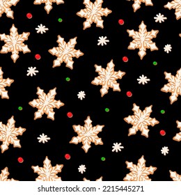 Seamless pattern with ginger cookies on a black background. Gingerbread snowflake