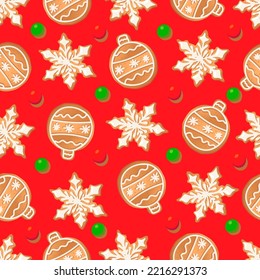 Seamless pattern with ginger cookies on a red background. Gingerbread New Year's ball, snowflake