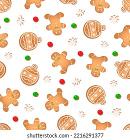 Seamless pattern with ginger cookies on a white background. Gingerbread man, New Year's ball, snowflake