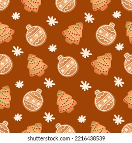 Patrón sin foco con galletas de jengibre sobre fondo marrón. Pan de jengibre, árbol de Navidad, bola de Navidad