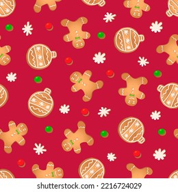 Seamless pattern with ginger cookies on a red background. Gingerbread man, New Year's ball, snowflake