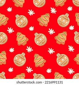 Seamless pattern with ginger cookies on a red background. Gingerbread , Christmas tree,Christmas ball.