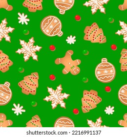 Seamless pattern with ginger cookies on a green background. Gingerbread man, snowflake, Christmas tree,Christmas ball.