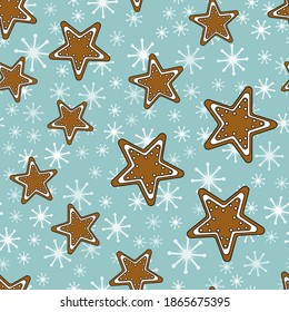 Seamless pattern ginger cookies stars with snowflakes