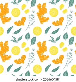 Seamless pattern with ginger, curcuma, lemon, mint, thyme. Colorful sketch collection of herbs and spices isolated on white background. Doodle hand drawn healthy food icons. Vector illustration