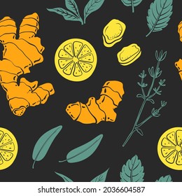 Seamless pattern with ginger, curcuma, lemon, mint, thyme. Colorful sketch collection of herbs and spices isolated on black background. Doodle hand drawn healthy food icons. Vector illustration