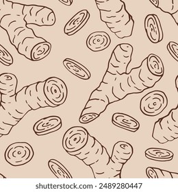 Seamless pattern with ginger. Hand drawn vector illustration in outline style.