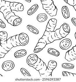 Seamless pattern with ginger. Hand drawn vector illustration in outline style.