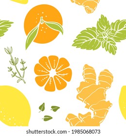 Seamless pattern with ginger, lemon, mandarin, thyme and mint top view. Colorful paper cut collection of fruits and berries isolated on white background. Doodle hand drawn fruits. Vector illustration