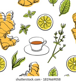 Seamless pattern with ginger, lemon, mint, thyme, tea cup. Colorful sketch collection of herbs and spices isolated on white background. Doodle hand drawn healthy food icons. Vector illustration