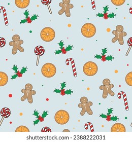 Seamless pattern with ginger men, candy cane and lollipop, orange slices on light background