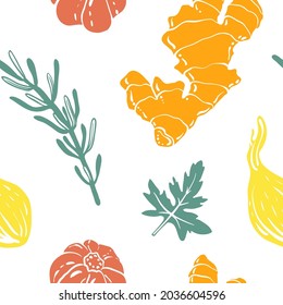 Seamless pattern with ginger, onion, garlic and herbs. Colorful sketch collection of herbs and spices isolated on white background. Doodle hand drawn healthy food icons. Vector illustration