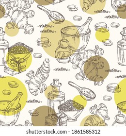 Seamless pattern with ginger: ginger root and slise ginger. Oil, soap and bath salt . Cosmetics and medical plant. Vector hand drawn illustration