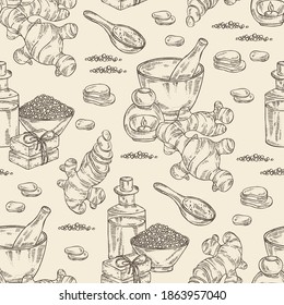 Seamless pattern with ginger: ginger root and slise ginger. Oil, soap and bath salt . Cosmetics and medical plant. Vector hand drawn illustration