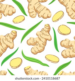 Seamless pattern with ginger roots, slices and leaves. Vector illustration.