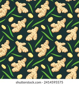 Seamless pattern with ginger roots, slices and leaves. Vector illustration.