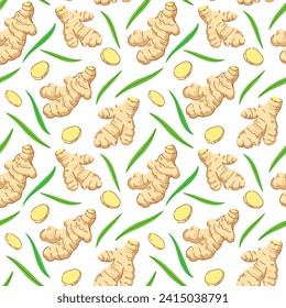 Seamless pattern with ginger roots, slices and leaves. Vector illustration.