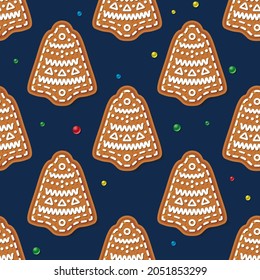 Seamless Pattern with Gingerbread Bell Isolated on Blue. Christmas Cookie. Vector Illustration.