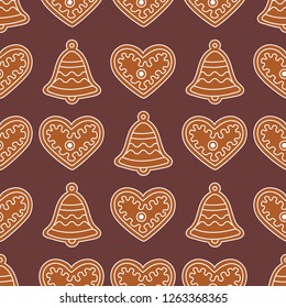 Seamless pattern with gingerbread bells and hearts. Holiday background. Design for banner, poster, textile, print.