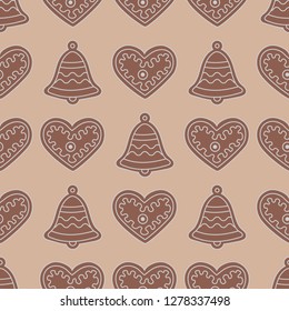 Seamless pattern with gingerbread bells and hearts. Holiday background. Design for banner, poster, textile, print.