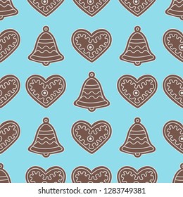 Seamless pattern with gingerbread bells and hearts. Holiday background. Design for banner, poster, textile, print.