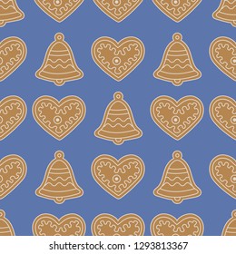 Seamless pattern with gingerbread bells and hearts. Holiday background. Design for banner, poster, textile, print.