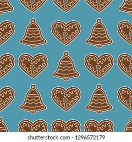 Seamless pattern with gingerbread bells and hearts. Holiday background. Design for banner, poster, textile, print.