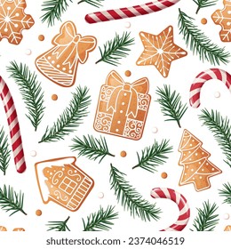 Seamless pattern with gingerbread, candy cane and fir branches. Suitable for fabric, wrapping paper, wallpaper, background, textile, etc.