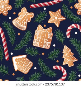 Seamless pattern with gingerbread, candy cane and fir branches. Suitable for fabric, wrapping paper, wallpaper, background, textile, etc.