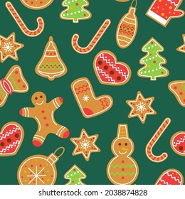 Patrón sin inconvenientes con la ilustración vectorial de galletas de Navidad de pan de jengibre. Fondo verde con galletas acristaladas festivas. Plantilla para el envoltorio de regalos, papel pintado y tela de Año Nuevo.