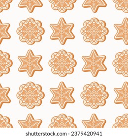 Seamless pattern of gingerbread Christmas cookies , on isolated background. Hand drawn design for Winter, Christmas and New Year celebration, for paper crafts or home decor. 