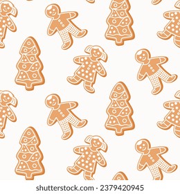 Seamless pattern of gingerbread Christmas cookies, on isolated background. Hand drawn design for Winter, Christmas and New Year celebration, for paper crafts or home decor. 