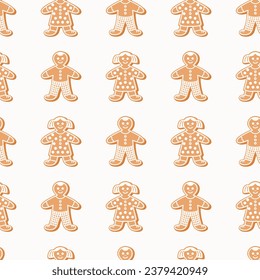 Seamless pattern of gingerbread Christmas cookies, on isolated background. Hand drawn design for Winter, Christmas and New Year celebration, for paper crafts or home decor. 
