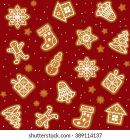 Seamless pattern with Gingerbread Christmas cookies decorated icing. Holiday cookie in shape of Christmas Xmas tree, star, bell, sock, gingerbread men, snowflake, snowman and gift. Vector illustration